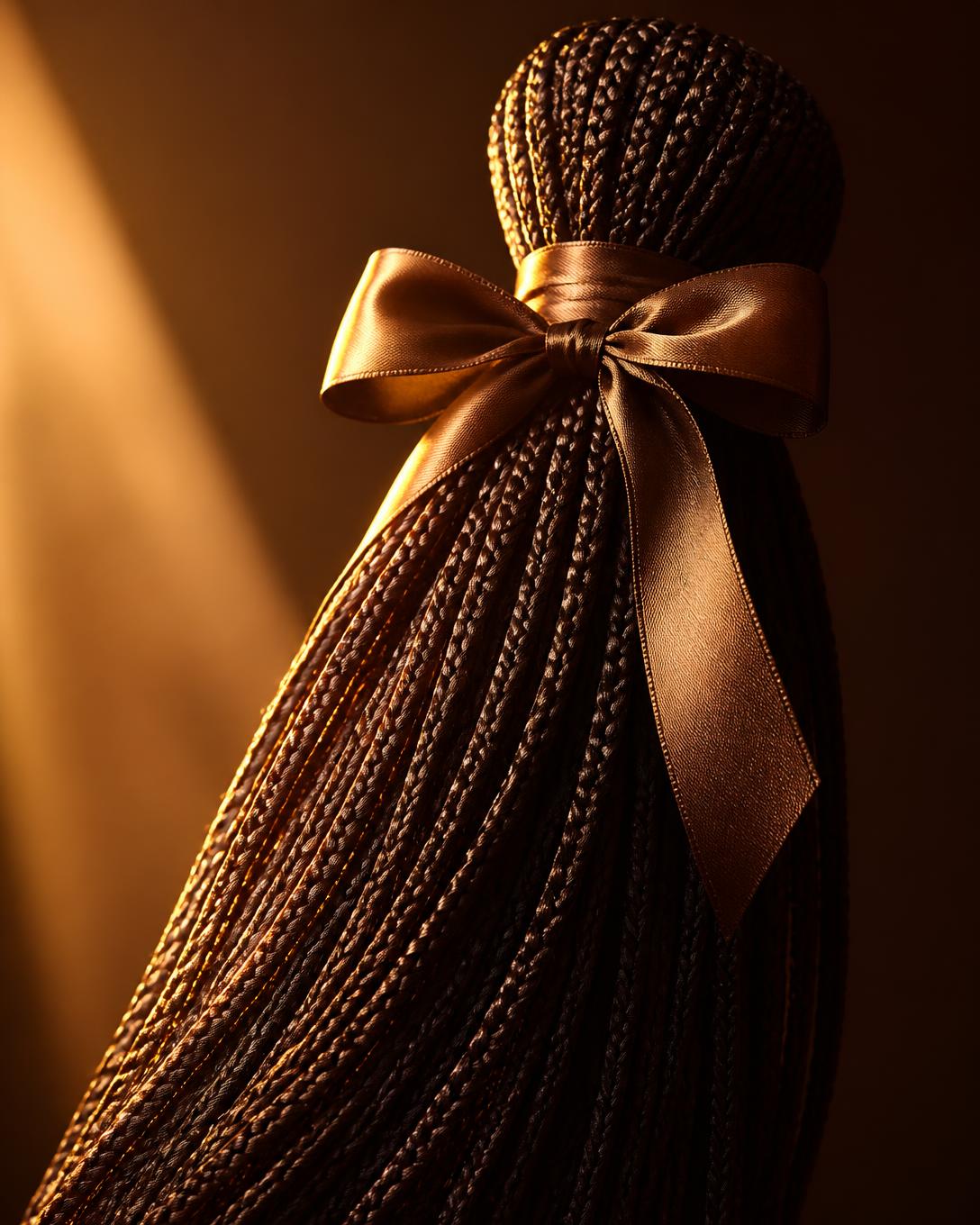 Glossy braiding hair bundle tied with a satin ribbon in warm golden light