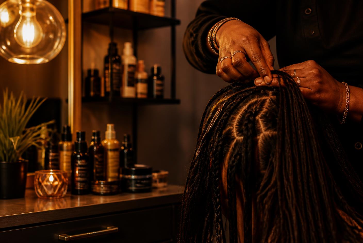Braider working in a warmly lit salon